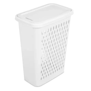 Sterilite 1226 slim white plastic laundry hamper showing narrow profile, hinged lid, and ventilation hole pattern