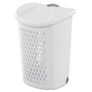 Sterilite 1227 Ultra wheeled plastic laundry hamper in white showing titanium retractable handle, rear wheels, and flip top lid