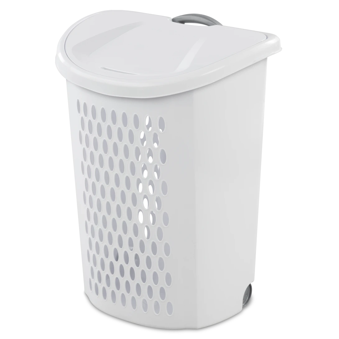 Sterilite 1227 Ultra wheeled plastic laundry hamper in white showing titanium retractable handle, rear wheels, and flip top lid