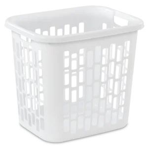 Sterilite 1231 easy carry white plastic tall laundry hamper showing 4-way carry handles and open ventilation grid