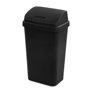 Sterilite 1089 13 gallon black swingtop plastic kitchen wastebasket trash can showing dual action swing lid