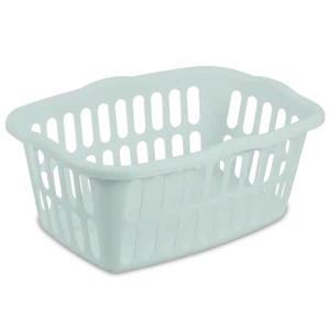 Sterilite 1245 1.5 bushel mindful mint plastic rectangular laundry basket showing 3-handle grip locations and open ventilation grid