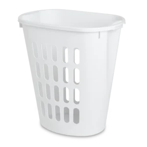 Sterilite 1256 open top white plastic laundry hamper showing side carry handles and ventilated airflow pattern