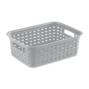 Sterilite 1270 small weave plastic storage basket in cement grey showing side carry handles and woven textured pattern