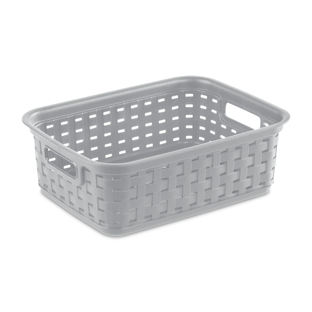 Sterilite 1270 small weave plastic storage basket in cement grey showing side carry handles and woven textured pattern