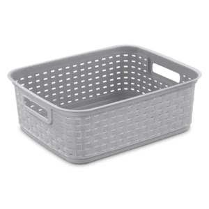 Sterilite 1272 short weave plastic storage basket in cement grey showing low profile design, side handles, and woven pattern