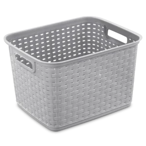 Sterilite 1273 tall weave plastic storage basket in cement grey showing deep vertical design, side handles, and woven texture