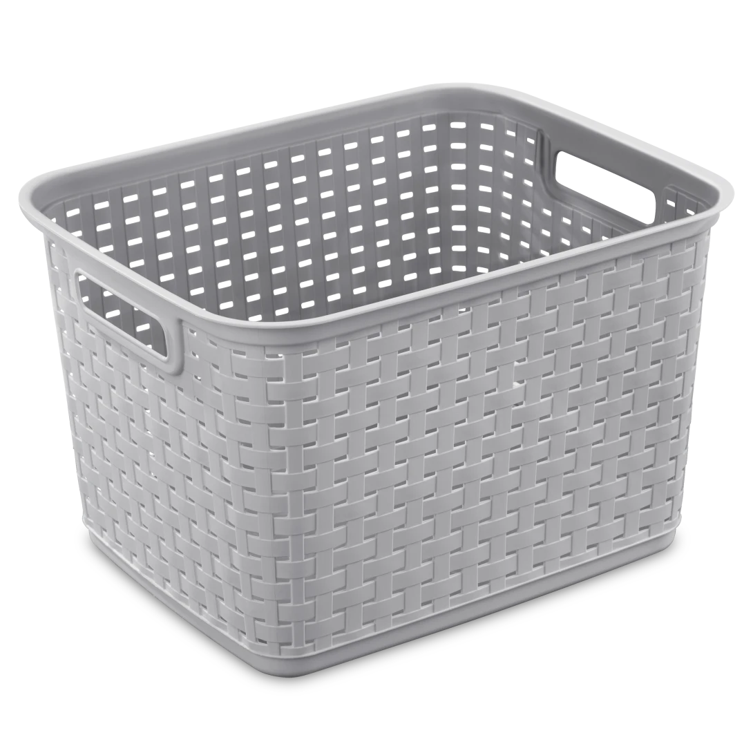 Sterilite 1273 tall weave plastic storage basket in cement grey showing deep vertical design, side handles, and woven texture