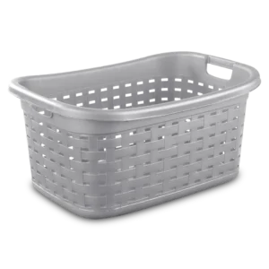 Sterilite 1275 weave plastic laundry basket in cement grey showing decorative woven pattern and side carry handles