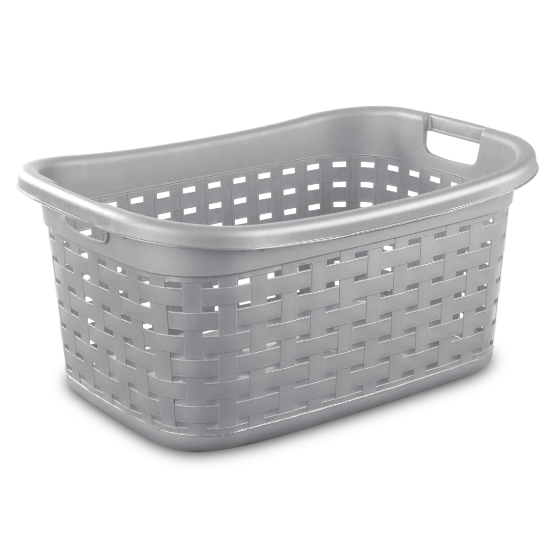 Sterilite 1275 weave plastic laundry basket in cement grey showing decorative woven pattern and side carry handles