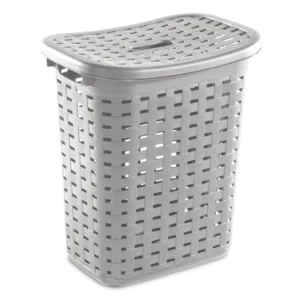 Sterilite 1276 weave plastic tall laundry hamper in cement grey showing flip-top lid, side carry handles, and woven pattern