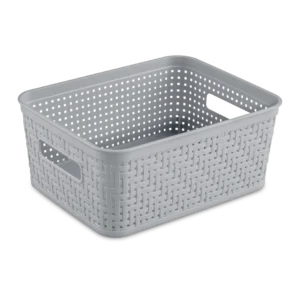 Sterilite 1290 small plastic storage basket in cement grey showing side carry handles and ventilated grid design