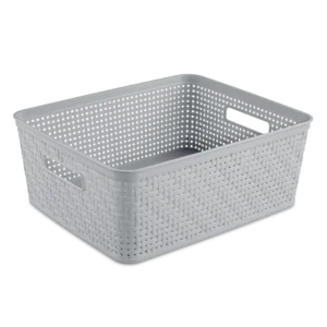 Sterilite 1292 short plastic storage basket in cement grey showing low profile rectangular shape, side handles, and open grid design