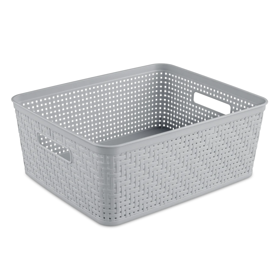 Sterilite 1292 short plastic storage basket in cement grey showing low profile rectangular shape, side handles, and open grid design