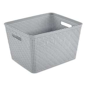 Sterilite 1293 tall plastic storage basket in cement grey showing deep vertical walls, integrated carry handles, and ventilated grid design