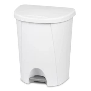 Sterilite 1094 6.6 gallon white stepon plastic wastebasket trash can showing titanium foot pedal