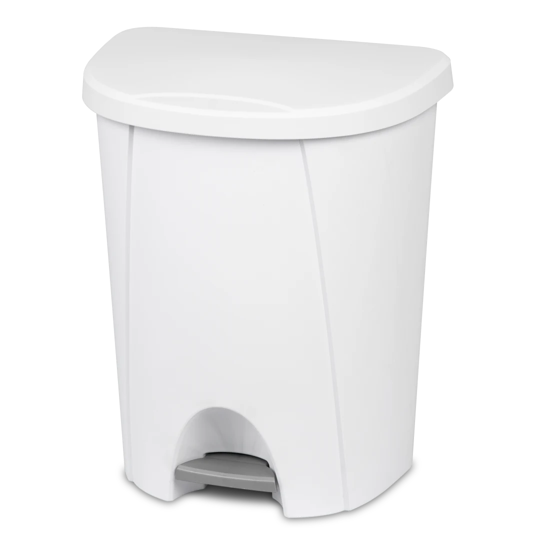Sterilite 1094 6.6 gallon white stepon plastic wastebasket trash can showing titanium foot pedal