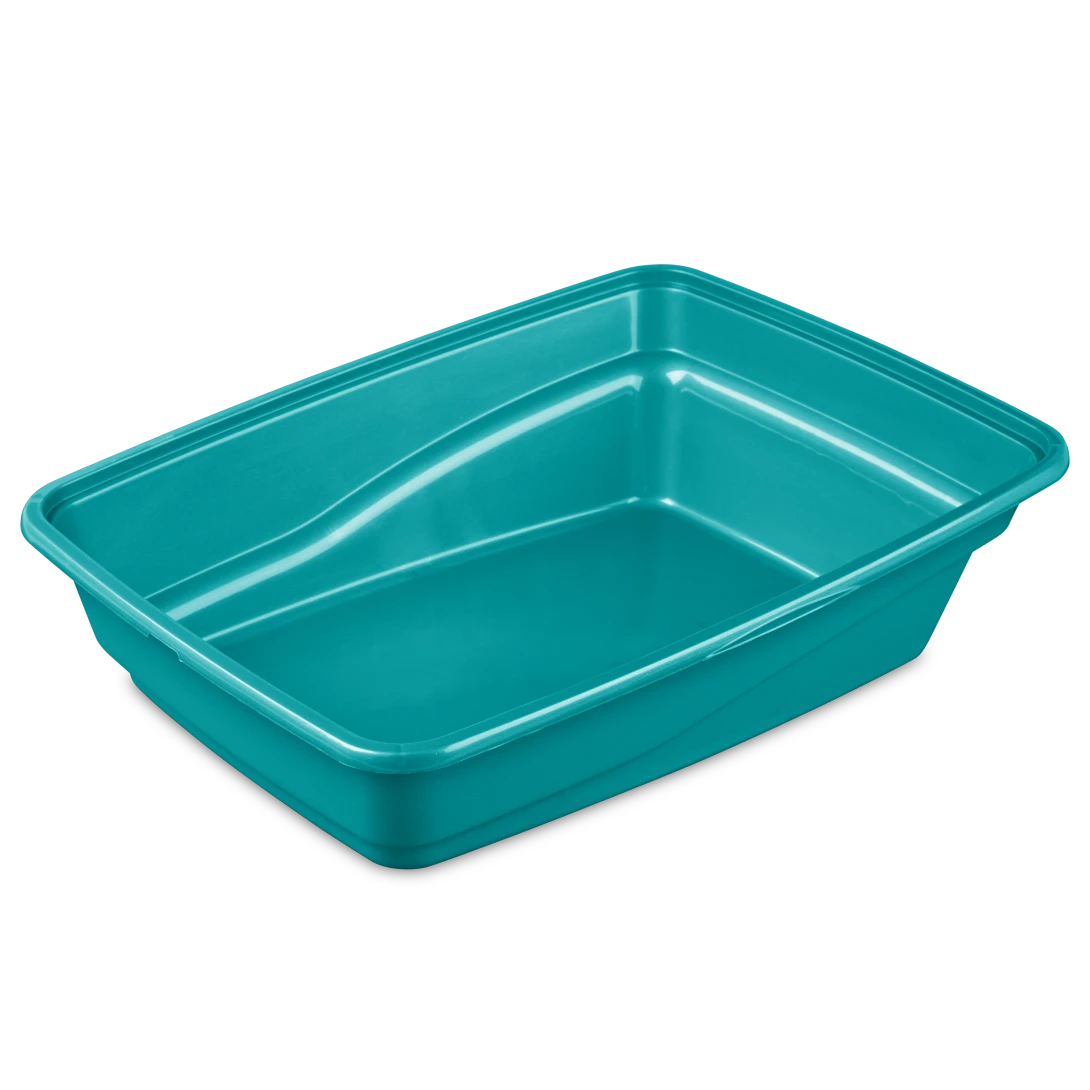 Sterilite 1303 large cat litter pan in sea going blue showing high side walls, low entrance step, and reinforced rim