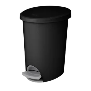 Sterilite 1081 2.6 gallon black ultra stepon plastic bathroom wastebasket trash can showing titanium foot pedal and removable inner liner