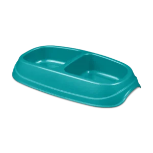Sterilite 1311 small double pet dish in sea going blue showing two bowls, tip resistant base, and cutout handles
