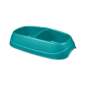 Sterilite 1312 large double pet dish in sea going blue showing high capacity dual bowls, wide base, and side cutout handles