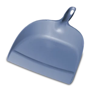 Sterilite 1365 plastic dustpan in lapis blue showing flexible rubber lip, ergonomic handle, broom clip, and hanging hole