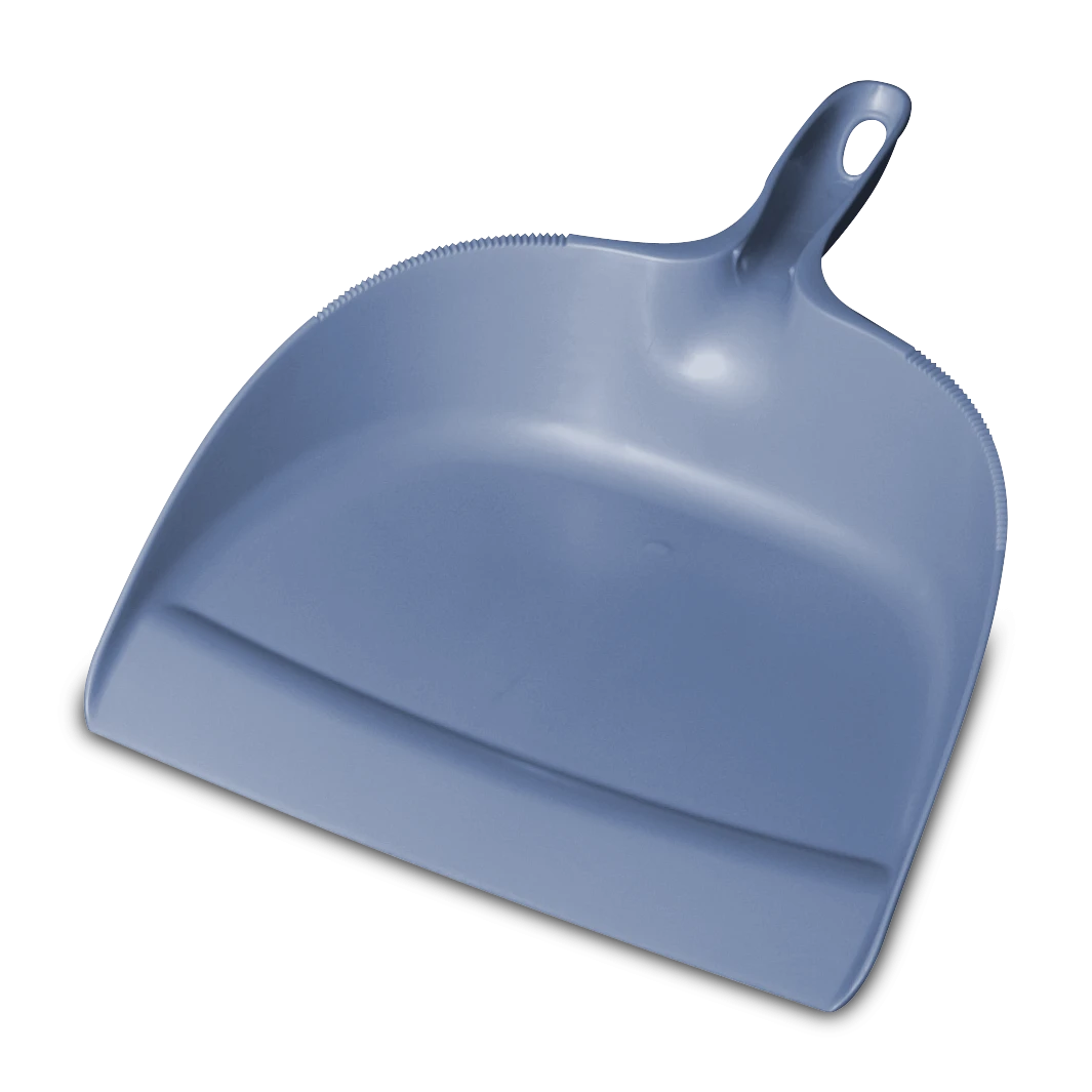 Sterilite 1365 plastic dustpan in lapis blue showing flexible rubber lip, ergonomic handle, broom clip, and hanging hole