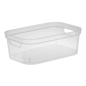 Sterilite 1322 small storage bin in clear transparent plastic showing side carry handles and open-top design
