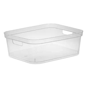 Sterilite 1324 short storage bin in clear transparent plastic showing shallow rectangular profile and integrated carry handles