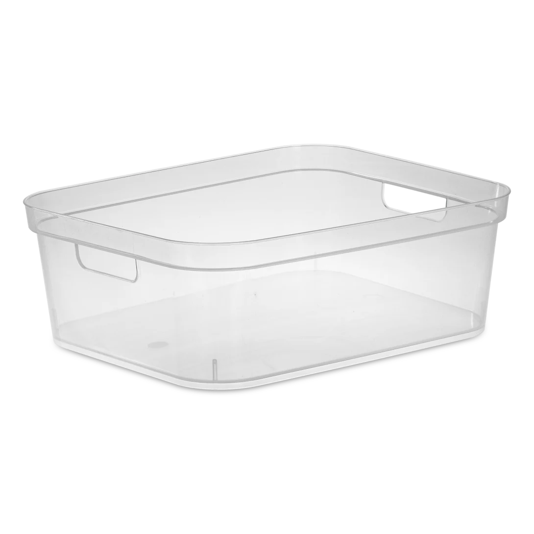 Sterilite 1324 short storage bin in clear transparent plastic showing shallow rectangular profile and integrated carry handles