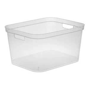 Sterilite 1326 tall storage bin in clear transparent plastic showing deep vertical side walls and integrated side carry handles