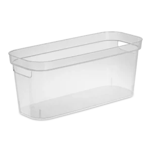 Sterilite 1328 narrow storage bin in clear transparent plastic showing slim rectangular profile and integrated carry handles