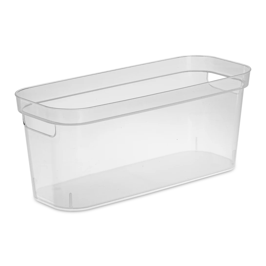 Sterilite 1328 narrow storage bin in clear transparent plastic showing slim rectangular profile and integrated carry handles