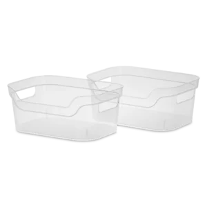 Sterilite 1333 set of 2 small open storage bins in clear transparent plastic showing integrated carry handles and open-top design