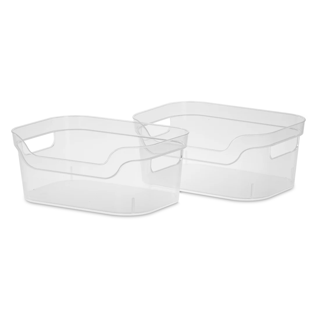 Sterilite 1333 set of 2 small open storage bins in clear transparent plastic showing integrated carry handles and open-top design