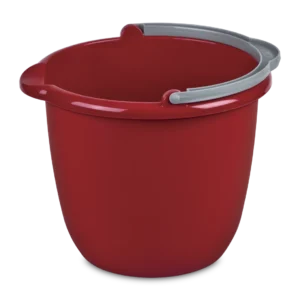 Sterilite 1120 10 quart classic red plastic spout pail utility bucket showing titanium metal bail handle and molded pour spout