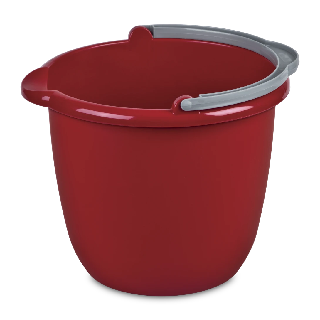 Sterilite 1120 10 quart classic red plastic spout pail utility bucket showing titanium metal bail handle and molded pour spout