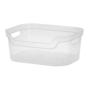 Sterilite 1334 medium open bin in clear transparent plastic showing rectangular footprint and integrated carry handles