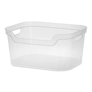 Sterilite 1336 large open bin in clear transparent plastic showing spacious rectangular footprint and integrated carry handles