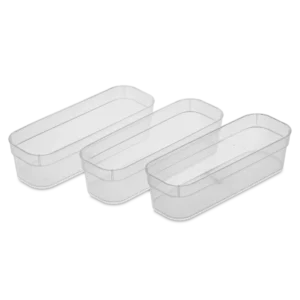 Sterilite 1353 set of 3 narrow storage trays in clear transparent plastic showing slim profile and open top layout