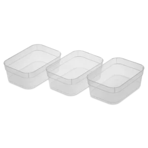 Sterilite 1355 set of 3 medium storage trays in clear transparent plastic showing rectangular profile and open top layout