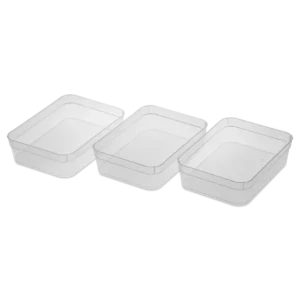 Sterilite 1357 set of 3 large storage trays in clear transparent plastic showing spacious rectangular profile and open top layout