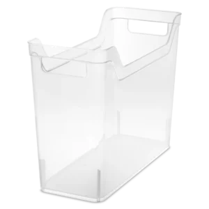 Sterilite 1361 narrow shelf bin in clear transparent plastic showing slim deep rectangular profile and integrated scoop handle
