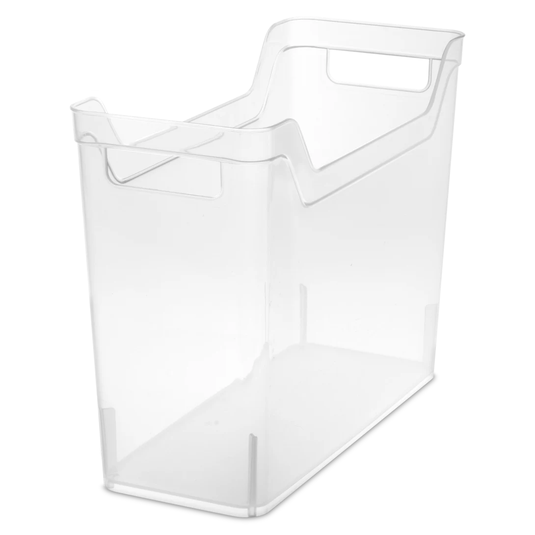 Sterilite 1361 narrow shelf bin in clear transparent plastic showing slim deep rectangular profile and integrated scoop handle