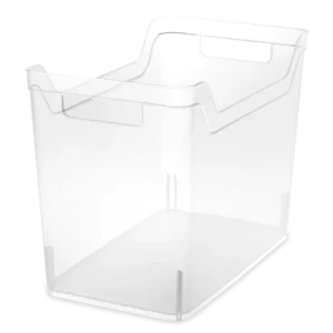 Sterilite 1362 medium shelf bin in clear transparent plastic showing deep rectangular profile and integrated scoop handle