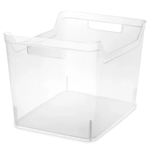 Sterilite 1363 wide shelf bin in clear transparent plastic showing wide rectangular profile and integrated scoop handle