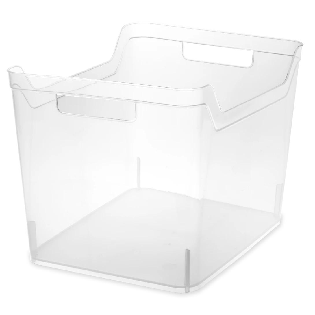 Sterilite 1363 wide shelf bin in clear transparent plastic showing wide rectangular profile and integrated scoop handle