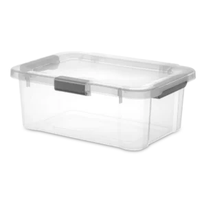 Sterilite 1392 20 quart clear HingeLID storage box with flat gray latching handles and attached transparent lid