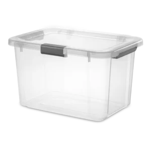 Sterilite 1393 30 quart clear HingeLID storage box with flat gray latching handles and attached transparent lid