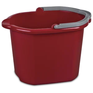 Sterilite 1121 16 quart classic red plastic dual spout pail utility bucket showing titanium metal bail handle and molded double pour spouts